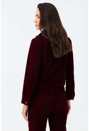 Kadın Bordo Taş Düğmeli Kadife Gömlek Ceket CAR1075