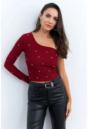 Kadın Bordo Taşlı Tek Kol Crop Bluz HOL2