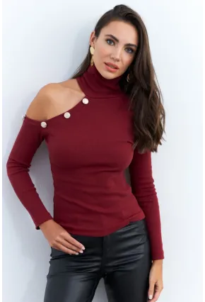 Kadın Bordo Tek Omuz Açık Kaşkorse Balıkçı Bluz EY2947