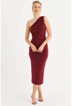 Kadın Bordo Tek Omuz Büzgülü Midi Elbise DMR294-90