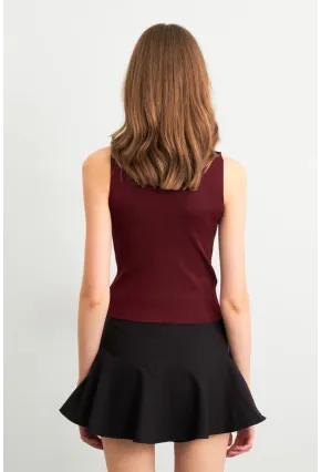 Kadın Bordo Triko Kolsuz Bluz YV305