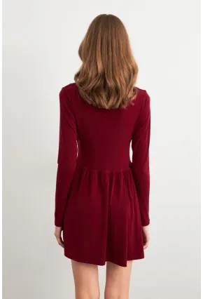 Kadın Bordo V Yaka Mini Elbise LİK17