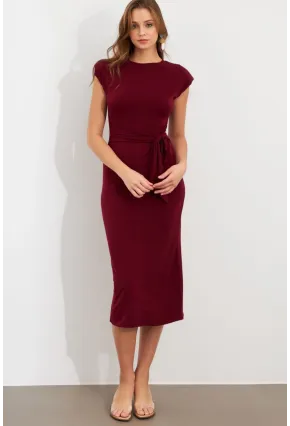Kadın Bordo Vatkalı Kuşaklı Midi Elbise UG713