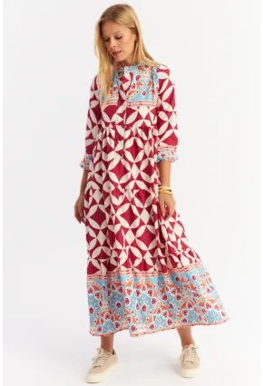 Kadın Bordo Volanlı Desenli Maxi Elbise MYLE14