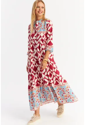 Kadın Bordo Volanlı Desenli Maxi Elbise MYLE14