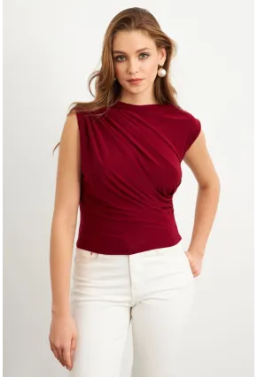 Kadın Bordo Yarım Balıkçı Desenli Bluz LPP1205