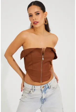 Kadın Bronz Fermuarlı Straplez Crop Bluz SF2502
