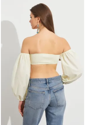 Kadın Butter Yellow Balon Kol Crop Bluz Rop111