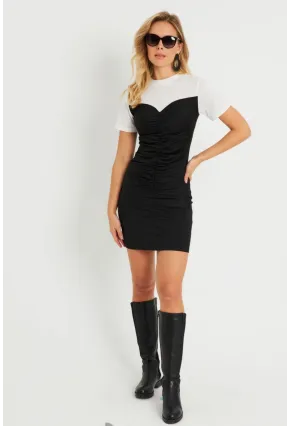 Kadın Büzgülü Mini Elbise Siyah-Beyaz KS116