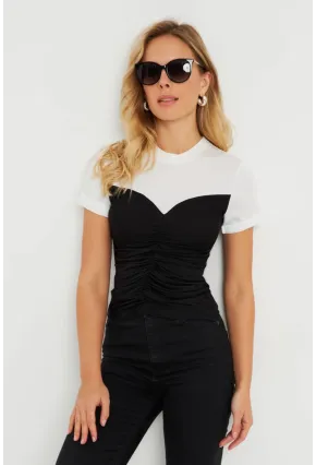Kadın Büzgülü T-Shirt Bluz Siyah-Beyaz KS117