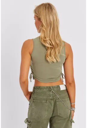 Kadın Çağla Yeşili Yanları Bağcıklı Kolsuz Bluz MK05