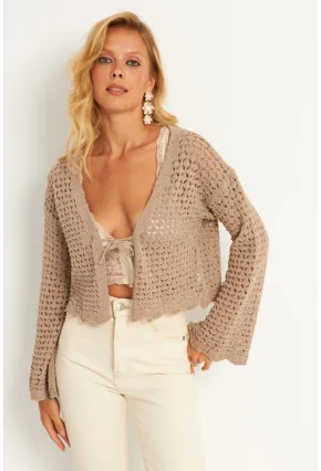 Kadın Camel Ajurlu Triko Hırka YV248