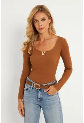 Kadın Camel Aksesuarlı Kaşkorse Bluz RLO17