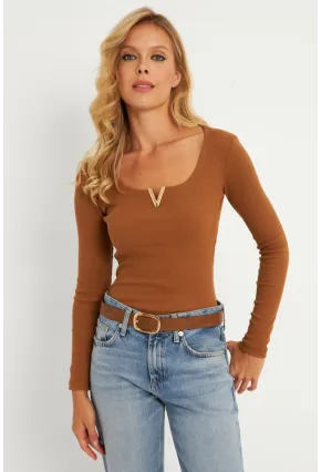 Kadın Camel Aksesuarlı Kaşkorse Bluz RLO17