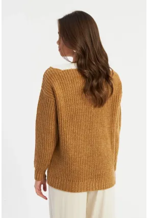 Kadın Camel-Beyaz V Yaka Triko Kazak SMT2434