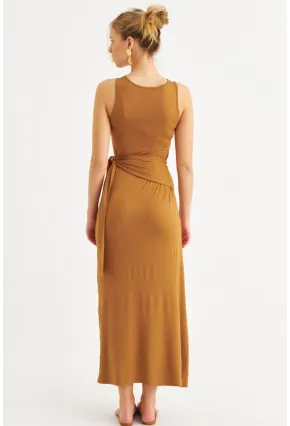 Kadın Camel Büzgülü Kolsuz Midi Elbise TF75