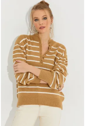 Kadın Camel Çizgili Triko Kazak SMT219
