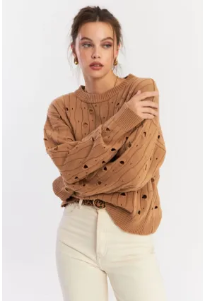 Kadın Camel Çizgili Yırtık Triko Kazak PP2342