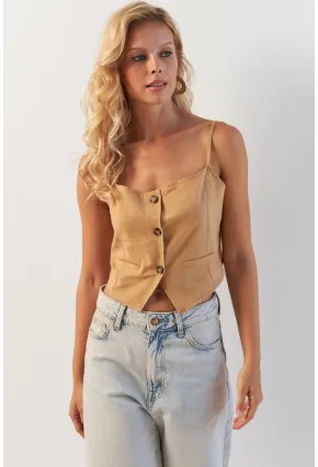 Kadın Camel Düğmeli İp Askılı Yelek MP20153
