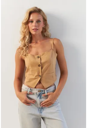 Kadın Camel Düğmeli İp Askılı Yelek MP20153