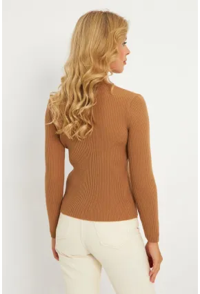 Kadın Camel Düğmeli Triko Bluz YV94