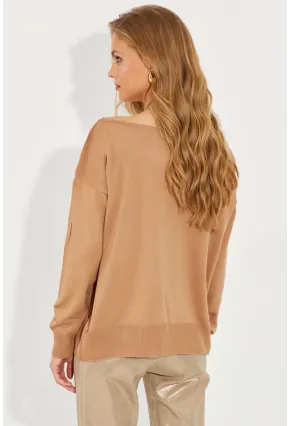 Kadın Camel Düşük Omuz Triko Bluz YZ617