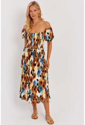 Kadın Camel Gipeli Desenli Midi Elbise MON126