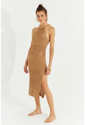 Kadın Camel Halter Yaka Ajurlu Midi Elbise SF2506