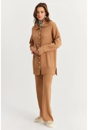 Kadın Camel İnci Düğmeli Hırka Triko Alt Üst Takım NUV26