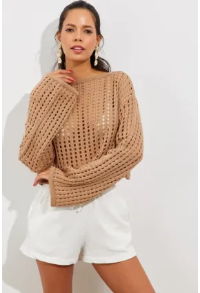 Kadın Camel İspanyol Kol Ajurlu Triko Kısa Bluz SMT181