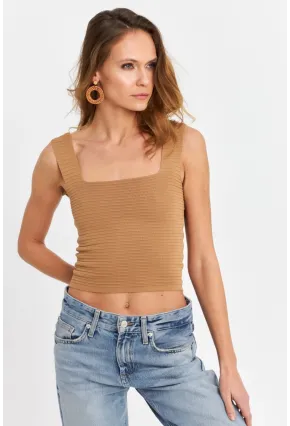 Kadın Camel Kare Yaka Triko Bluz SE8