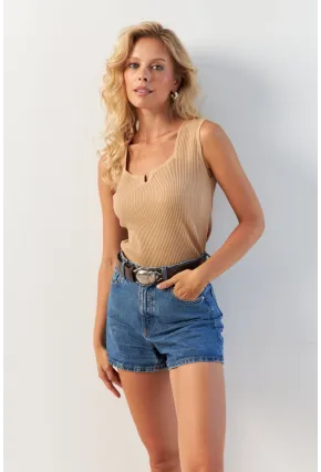 Kadın Camel Kare Yaka Triko Bluz SMT243