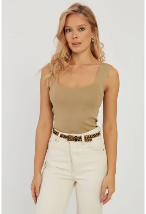 Kadın Camel Kare Yaka Triko Bluz YV80