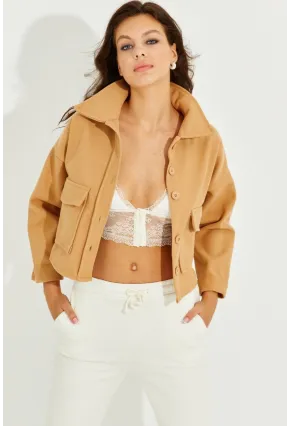 Kadın Camel Kaşe Cepli Kısa Ceket PP2444