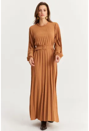 Kadın Camel Kemerli Plili Maxi Elbise ALZ500