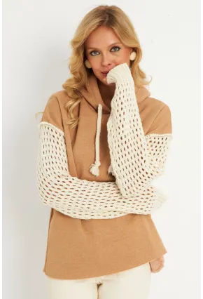 Kadın Camel Kolları Ajurlu Kapüşonlu Sweatshirt YLE12