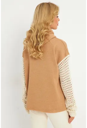 Kadın Camel Kolları Ajurlu Kapüşonlu Sweatshirt YLE12