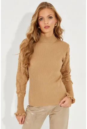 Kadın Camel Kolları Ajurlu Triko Bluz SMT218