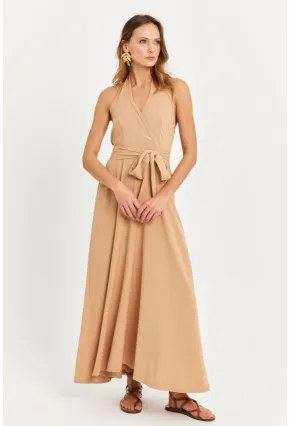 Kadın Camel Kruvaze Bürümcük Maxi Elbise EY3053