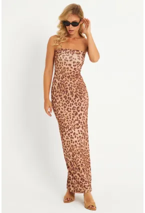 Kadın Camel Leopar Desenli Midi Straplez Yılbaşı Elbise XC001