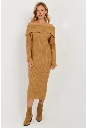 Kadın Camel Madonna Yaka Triko Midi Elbise KZ2503