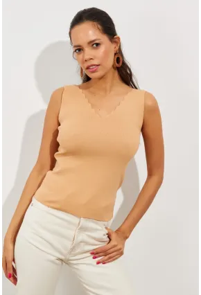 Kadın Camel Merdiven Yaka Triko Bluz YV83