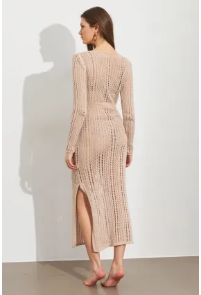 Kadın Camel Önü Pencereli Ajurlu Plaj Elbisesi KZ545