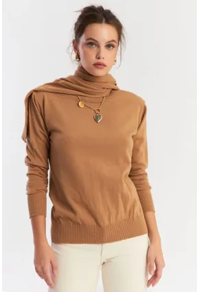 Kadın Camel Şal Aksesuarlı Triko Bluz YV286