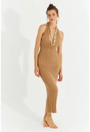 Kadın Camel Sırtı Açık Triko Maxi Elbise SF2505