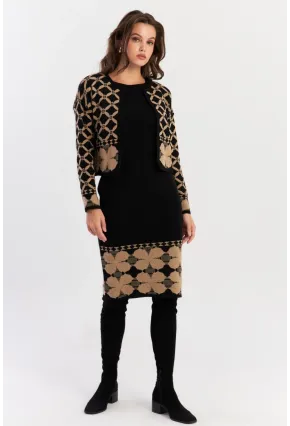 Kadın Camel-Siyah Alt Üst Triko Desenli Takım NUV2028