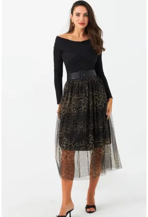 Kadın Camel-Siyah Astarlı Tül Leopar Etek SF2553