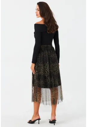 Kadın Camel-Siyah Astarlı Tül Leopar Etek SF2553