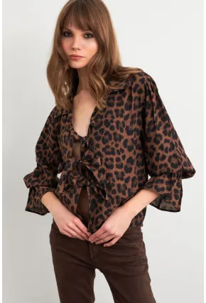 Kadın Camel-Siyah Bağlama Detaylı Leopar Gömlek FS9340