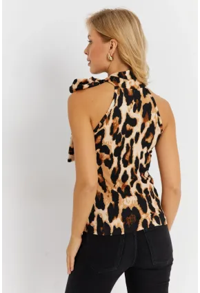 Kadın Camel-Siyah Boyun Bağlamalı Leopar Desenli Bluz EY2890